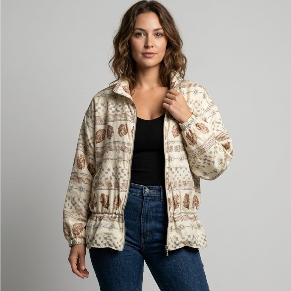 East West Silks Vintage 100% Silk Leaf Newspaper‎ Print Bomber Jacket Cream L